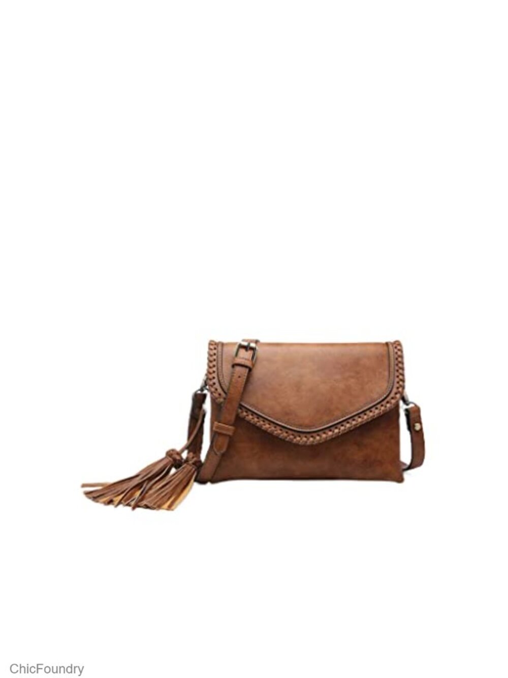 Vegan Leather Flapover Crossbody Bag Whipstitch Double Tassel Clutch